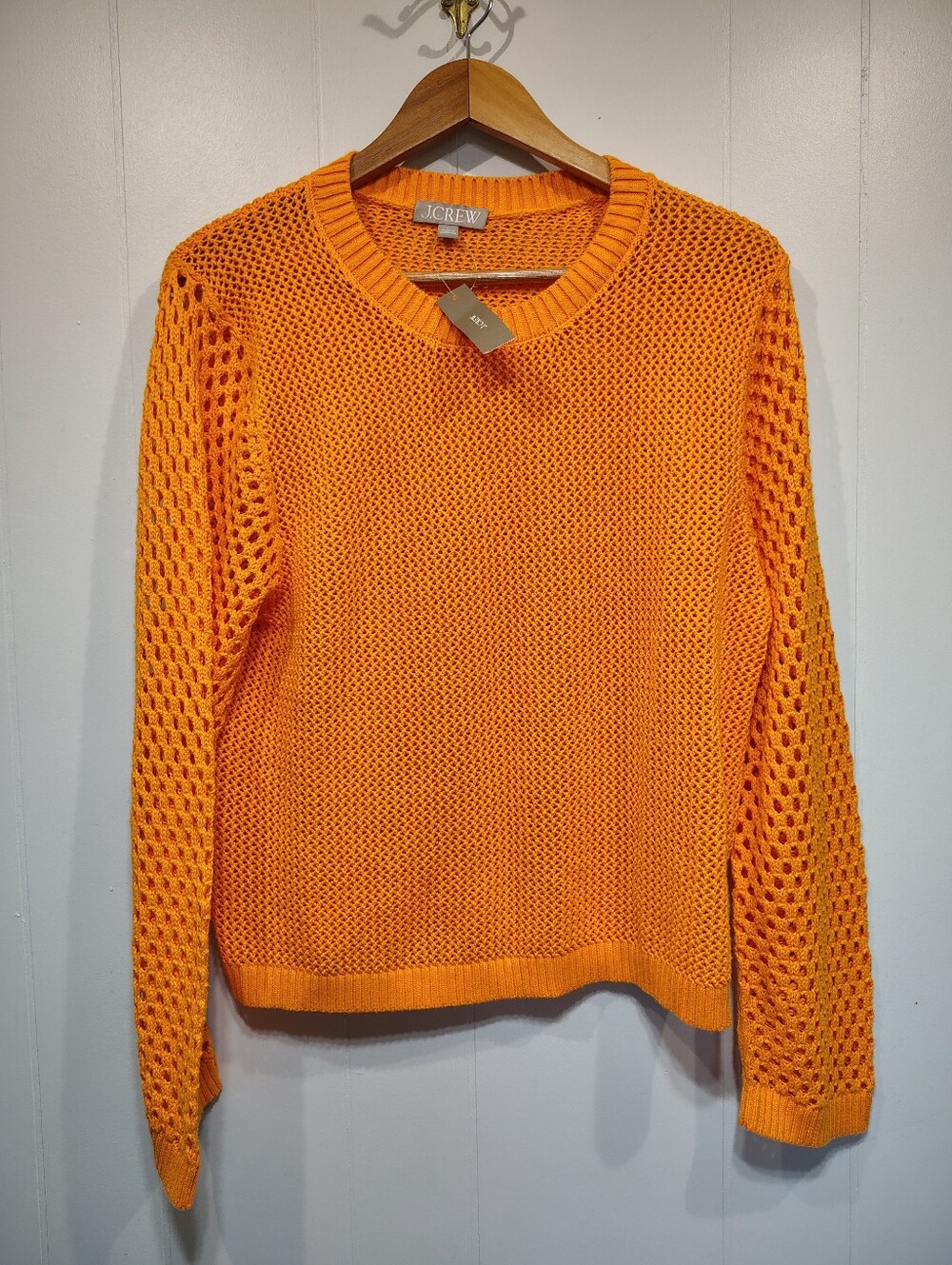 J Crew Crochet Crewneck Beach Sweater Neon Orange Large
